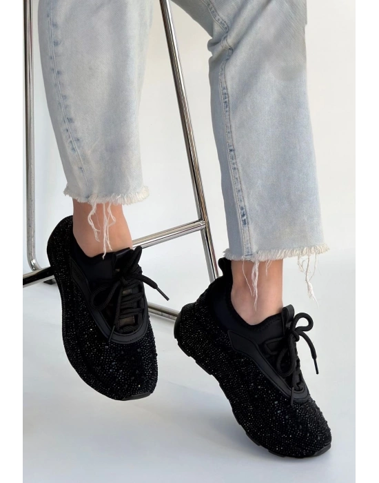 Rimay Siyah Cilt Boncuk İşlemeli Spor Ayakkabı