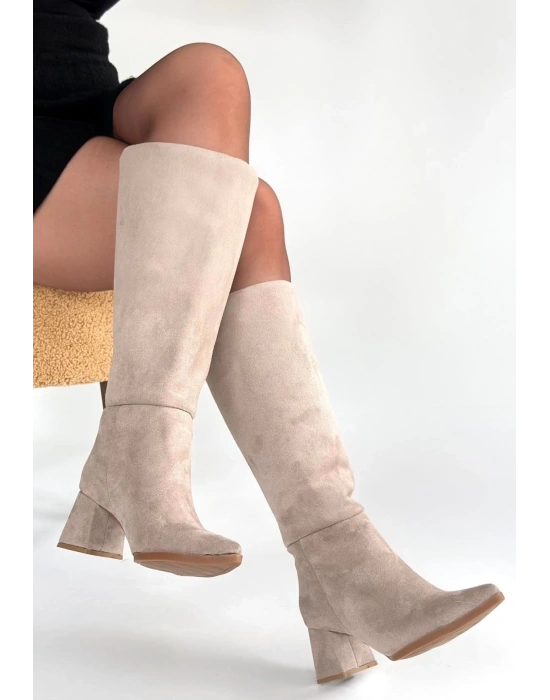 Roksa Bej Süet Topuklu Çizme
