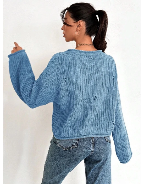 Salaş delik detaylı kazak mavi