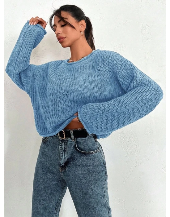 Salaş delik detaylı kazak mavi