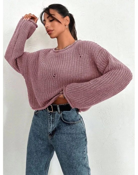 Salaş delik detaylı kazak pembe