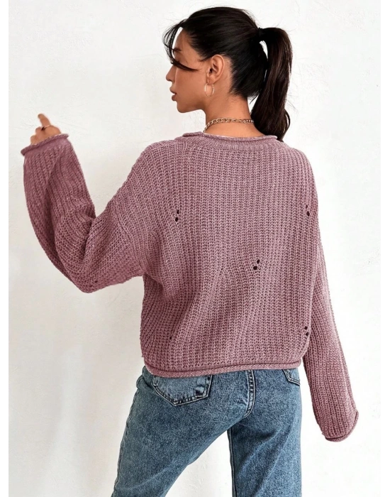 Salaş delik detaylı kazak pembe