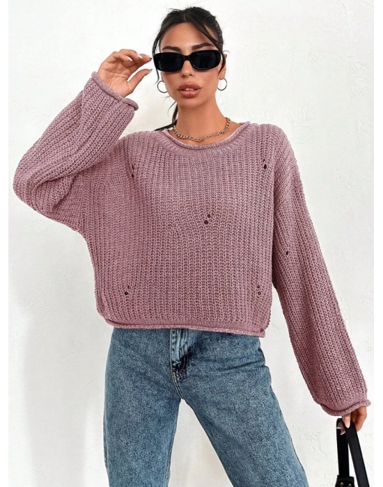 Salaş delik detaylı kazak pembe