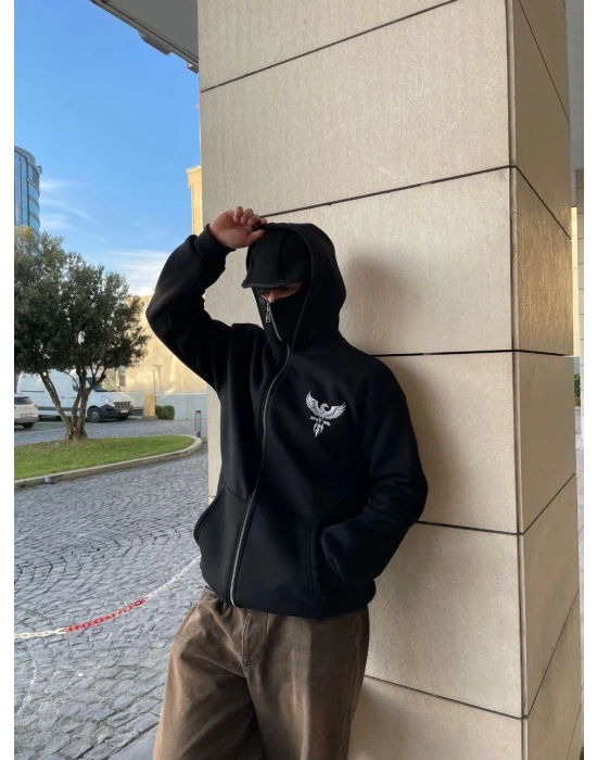 Samuray kapüşonlu ZIP Fermuarlı kapüşonlu SweatShirt - Siyah