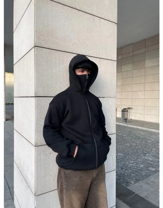Samuray Ninja Çift Kapşonlu ZIP Fermuarlı Kanguru Çepli Tam Fermuarlı Hoodie Swetshirt - Siyah