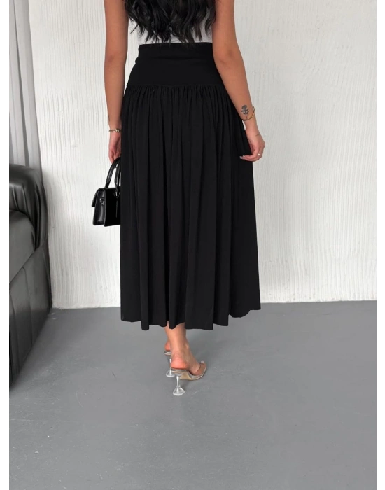 Sandy Uzun Beli Lastikli Yüksel Bel Etek Yazlık - Siyah