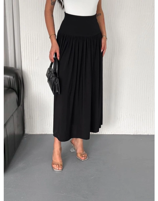 Sandy Uzun Beli Lastikli Yüksel Bel Etek Yazlık - Siyah