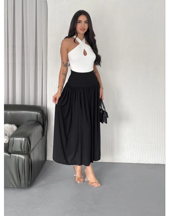 Sandy Uzun Beli Lastikli Yüksel Bel Etek Yazlık - Siyah