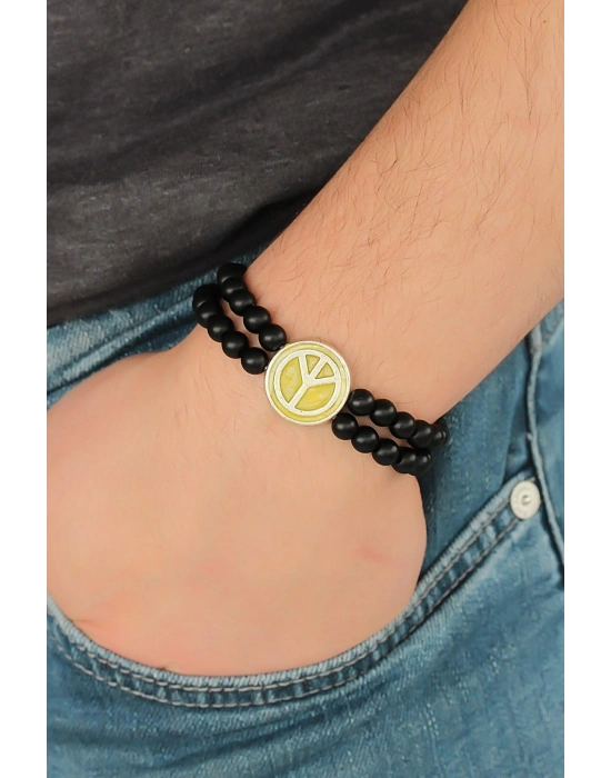 Sarı Metal Barış Simgesi Tasarımlı Siyah Renk Mat Oniks Doğal Taş Erkek Bileklik