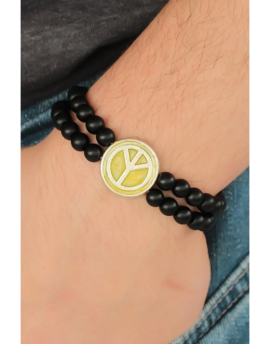 Sarı Metal Barış Simgesi Tasarımlı Siyah Renk Mat Oniks Doğal Taş Erkek Bileklik