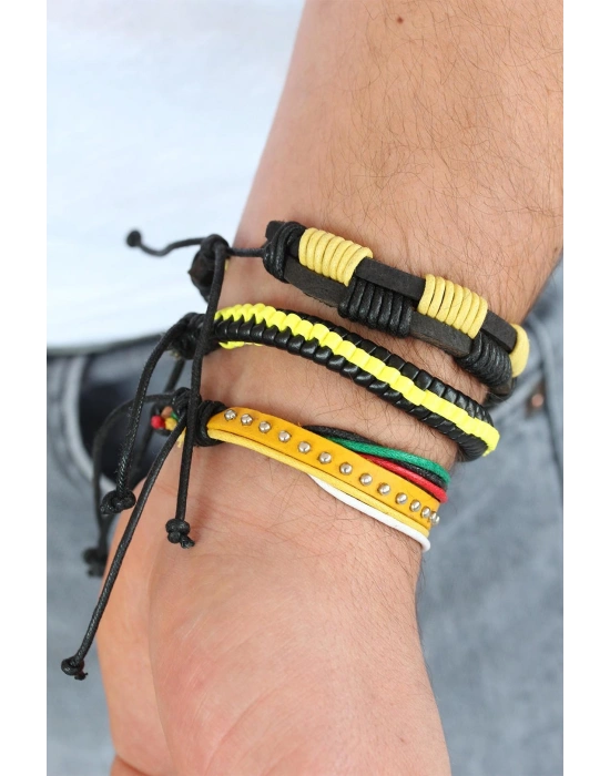 Sarı Renk Zımbalı Deri Erkek Bileklik Kombini