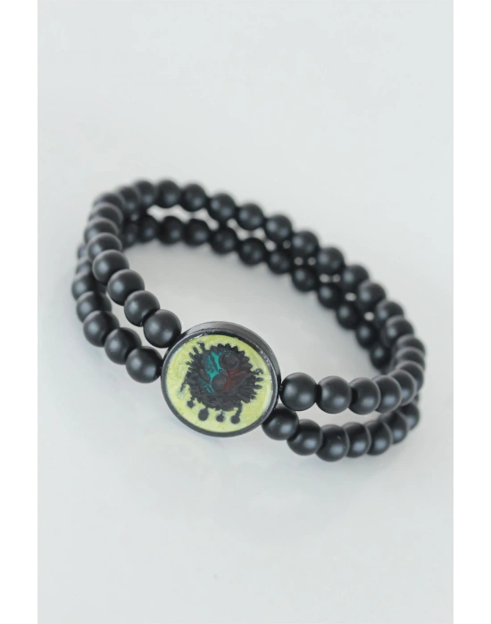 Sarı Renkli Metal Üzerine Osmanlı Arma Figürlü Siyah Renk Çift Sıra Doğal Taş Erkek Bileklik