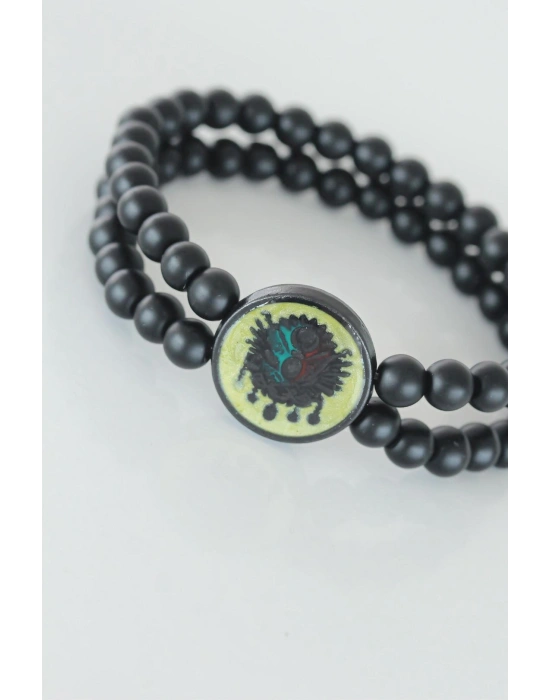 Sarı Renkli Metal Üzerine Osmanlı Arma Figürlü Siyah Renk Çift Sıra Doğal Taş Erkek Bileklik