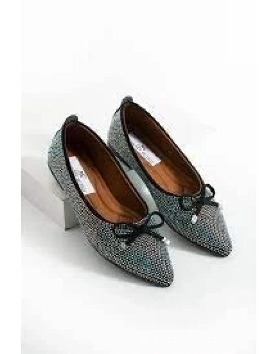 Sarra Siyah Saten İşlemeli Babet Ayakkabı