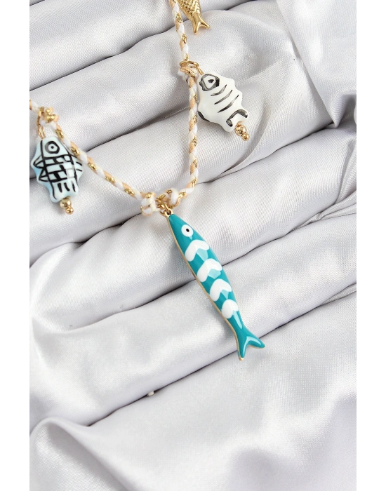 Seramik Motifli Balık Figürlü Model Krem İp Kadın Kolye