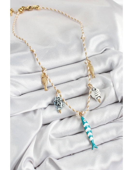 Seramik Motifli Balık Figürlü Model Krem İp Kadın Kolye