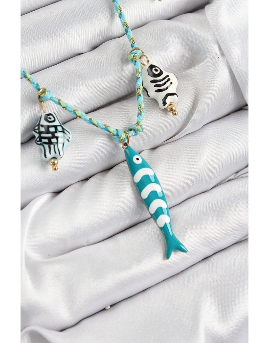 Seramik Motifli Balık Figürlü Model Mavi İp Kadın Kolye