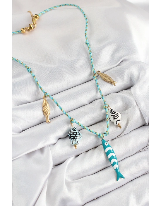 Seramik Motifli Balık Figürlü Model Mavi İp Kadın Kolye