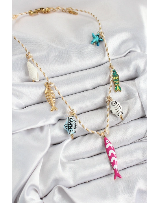 Seramik Motifli Pembe Balık Figürlü Model Krem İp Kadın Kolye