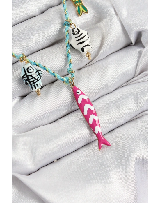Seramik Motifli Pembe Balık Figürlü Model Mavi İp Kadın Kolye