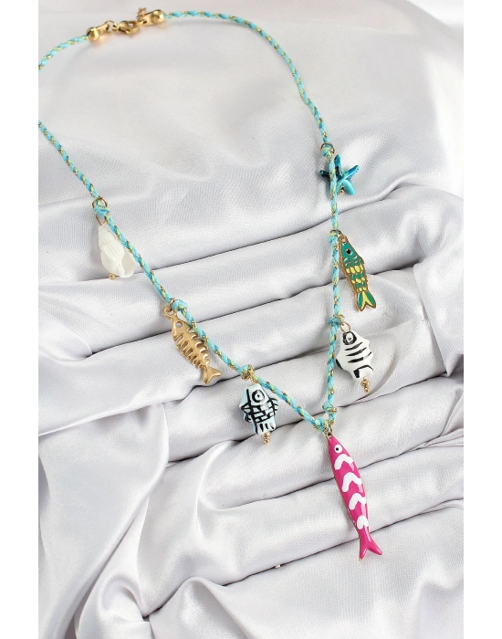 Seramik Motifli Pembe Balık Figürlü Model Mavi İp Kadın Kolye