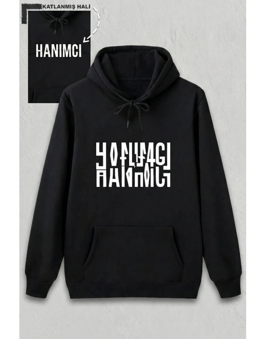 Sevgililer Günü Özel Kapüşonlu Hanımcı Baskılı Oversize Sweatshirt - Siyah