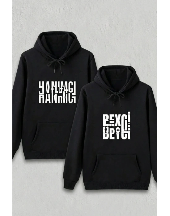 Sevgililer Günü Özel Kapüşonlu Hanımcı Baskılı Oversize Sweatshirt - Siyah