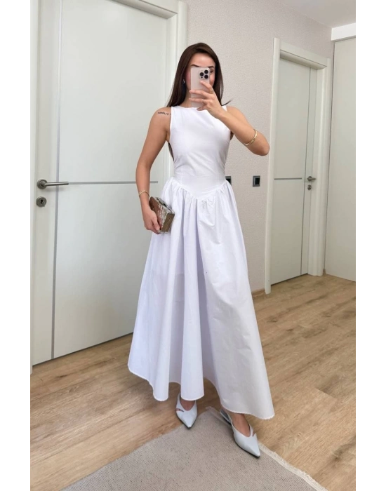 Sifir Kol Beli Oturtmalı Kolsuz Uzun Elbise - Beyaz
