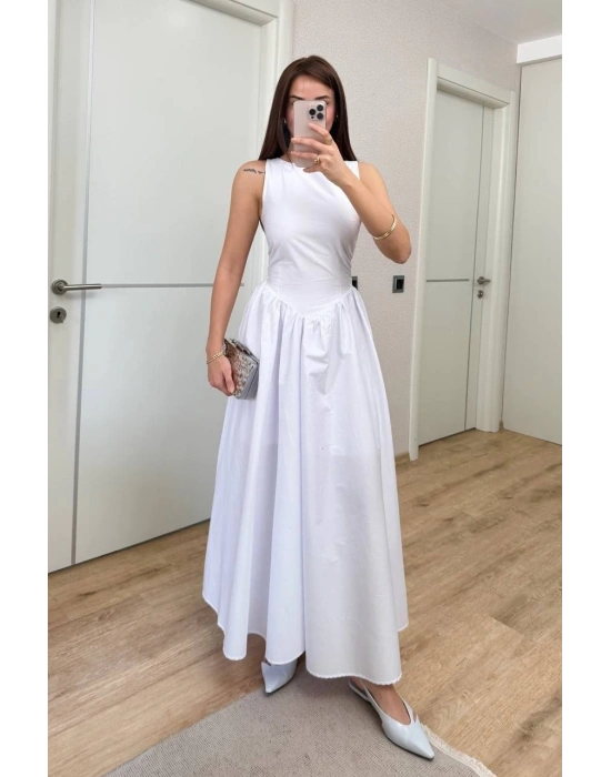 Sifir Kol Beli Oturtmalı Kolsuz Uzun Elbise - Beyaz