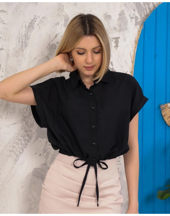 Sıfır kollu bağlamalı crop gömlek siyah s255359