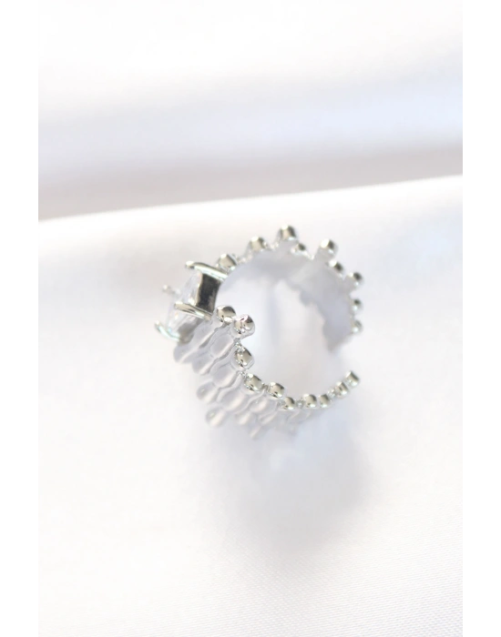 Silver Renk Tırtıklı Kalın Baget Taş Tasarım Ayarlanabilir Yüzük