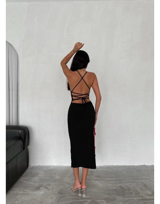 Sırt Bağlamalı Derin Yirtmaç Askılı Elbise - Siyah