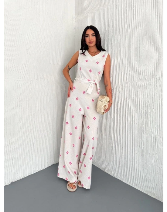 Sırt dekolteli keten beyaz tulum S1036