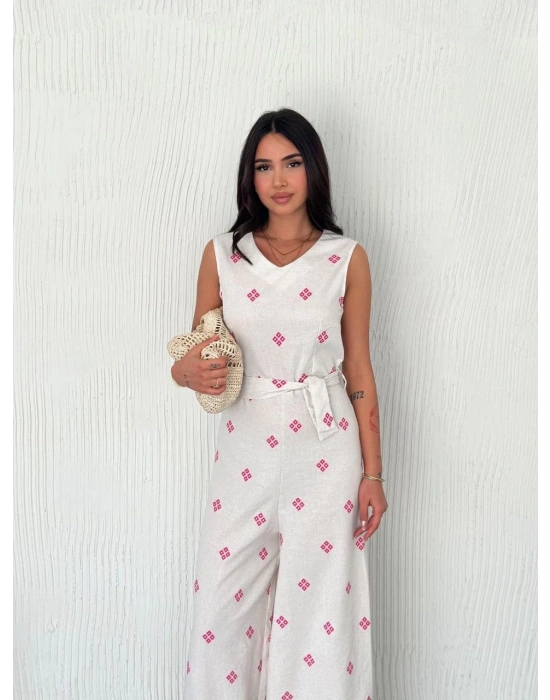 Sırt dekolteli keten beyaz tulum S1036