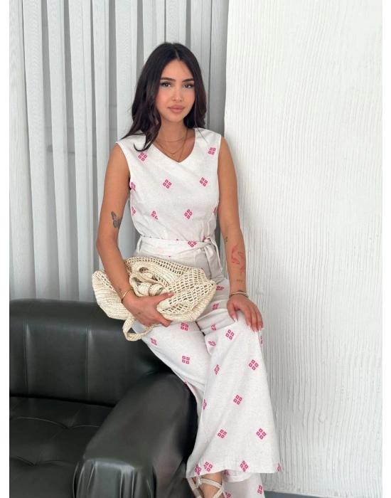 Sırt dekolteli keten beyaz tulum S1036