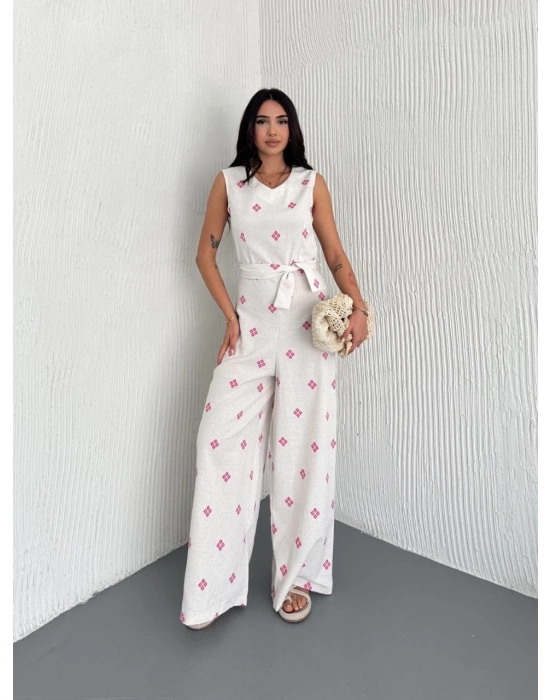 Sırt dekolteli keten beyaz tulum S1036