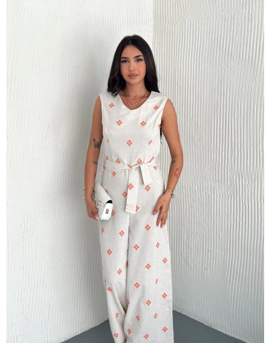 Sırt dekolteli keten beyaz tulum S1036