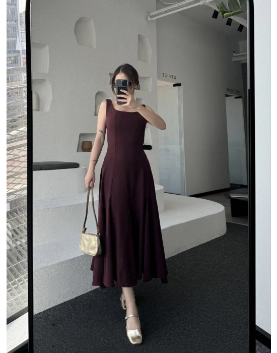 Sırt Dekolteli Kolsuz Uzun Elbise - Mürdüm