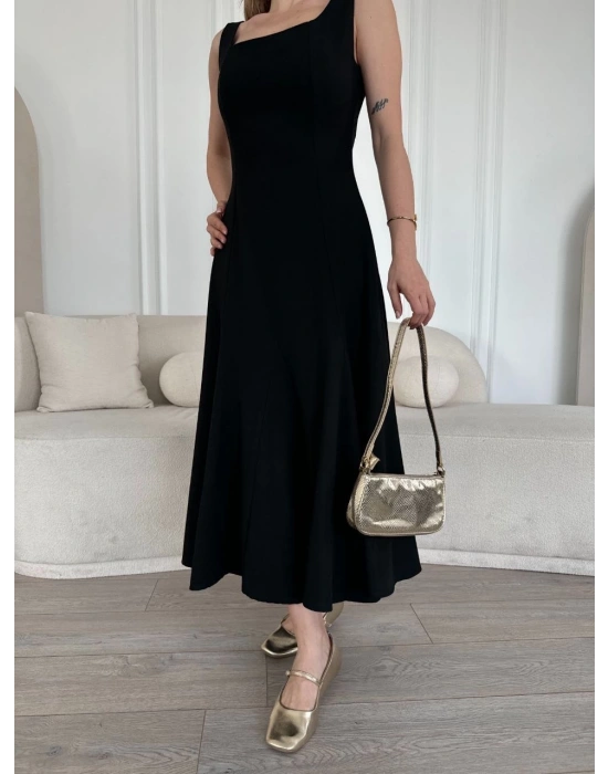 Sırt Dekolteli Kolsuz Uzun Elbise - Siyah