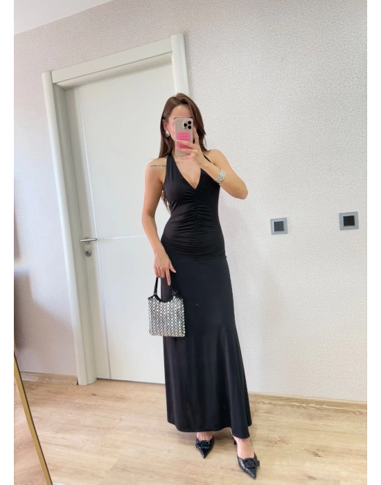 Sırt dekolteli Uzun Elbise - Siyah