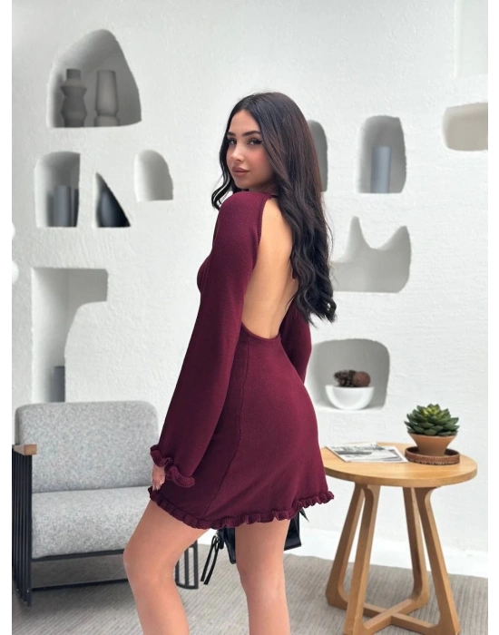 Sırt Pencereli Mini Triko Elbise - Bordo