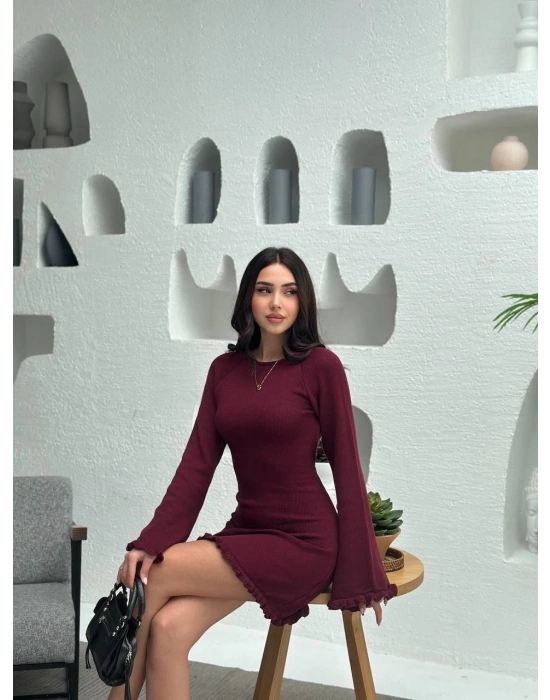 Sırt Pencereli Mini Triko Elbise - Bordo