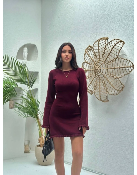 Sırt Pencereli Mini Triko Elbise - Bordo