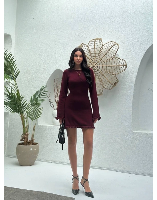 Sırt Pencereli Mini Triko Elbise - Bordo