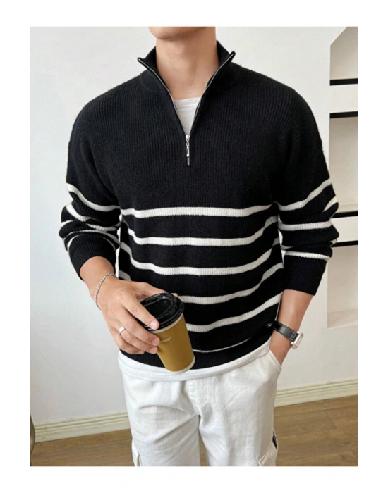 Siyah-Beyaz Erkek Regular Fermuarlı Balıkçı Triko Kazak