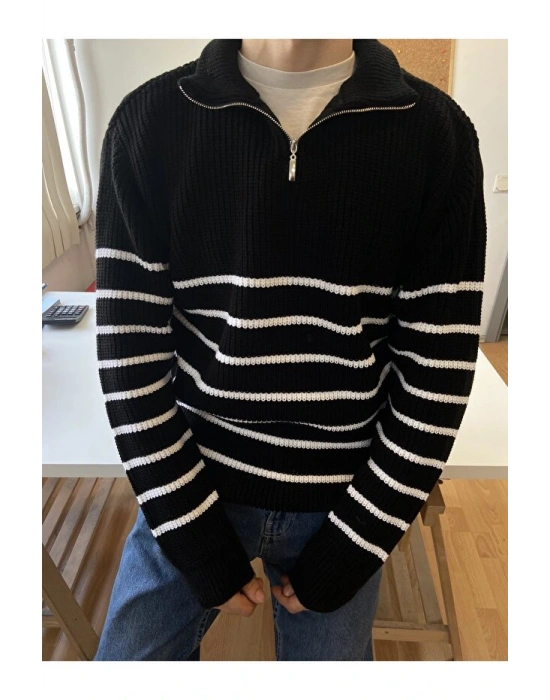 Siyah-Beyaz Erkek Regular Fermuarlı Balıkçı Triko Kazak