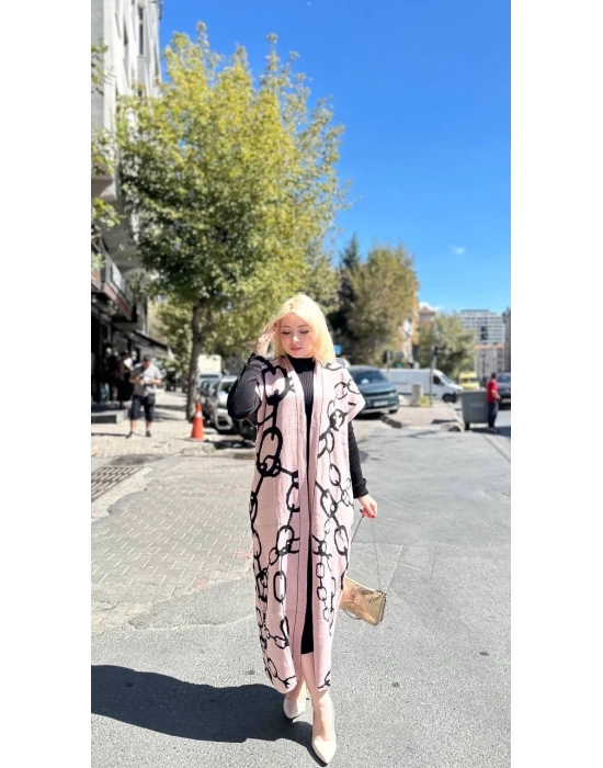 Siyah çizgi desenli elbiseli hırka takım pudra siyah