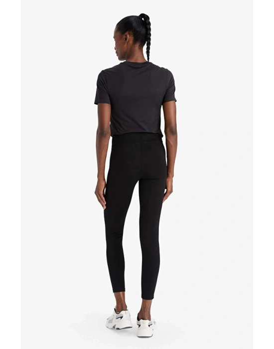 Siyah DeFactoFit Yüksek Bel Beli Saran Pamuklu Basic Düz Sporcu Tayt