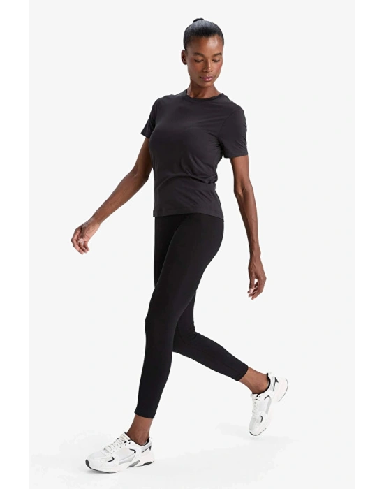 Siyah DeFactoFit Yüksek Bel Beli Saran Pamuklu Basic Düz Sporcu Tayt