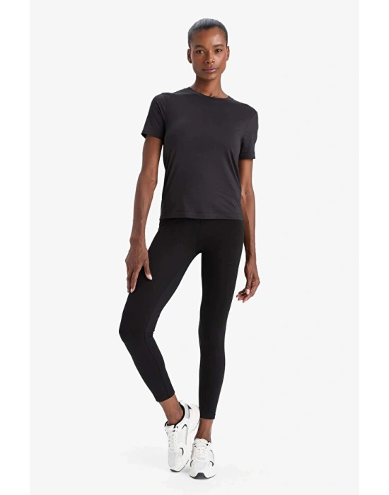 Siyah DeFactoFit Yüksek Bel Beli Saran Pamuklu Basic Düz Sporcu Tayt